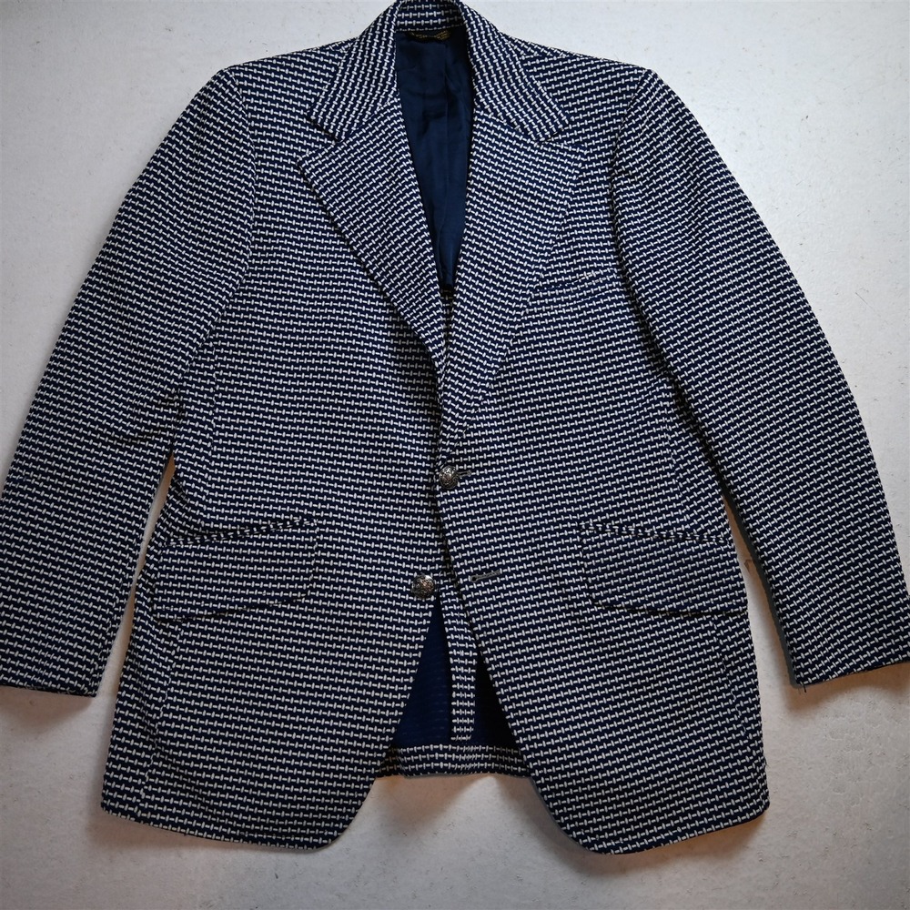 Vtg USA Made 50s 40S Blue White Woven Stripe Polyester Blazer Jacket Sport Coat